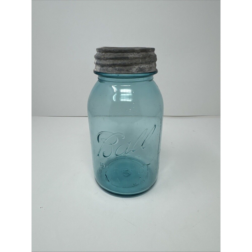 Vintage Ball Perfect Mason Quart Jar Blue In Color # 2 On Bottom Zinc Lid